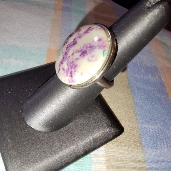 Vintage round agate moss ring; size 6 - Picture 5 of 9
